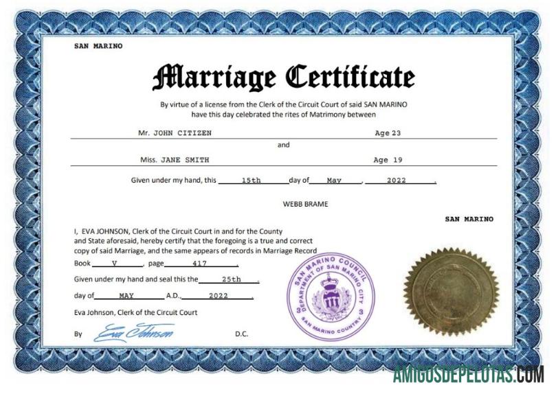 Realista modelo Word e PDF de certidão de casamento de San Marino